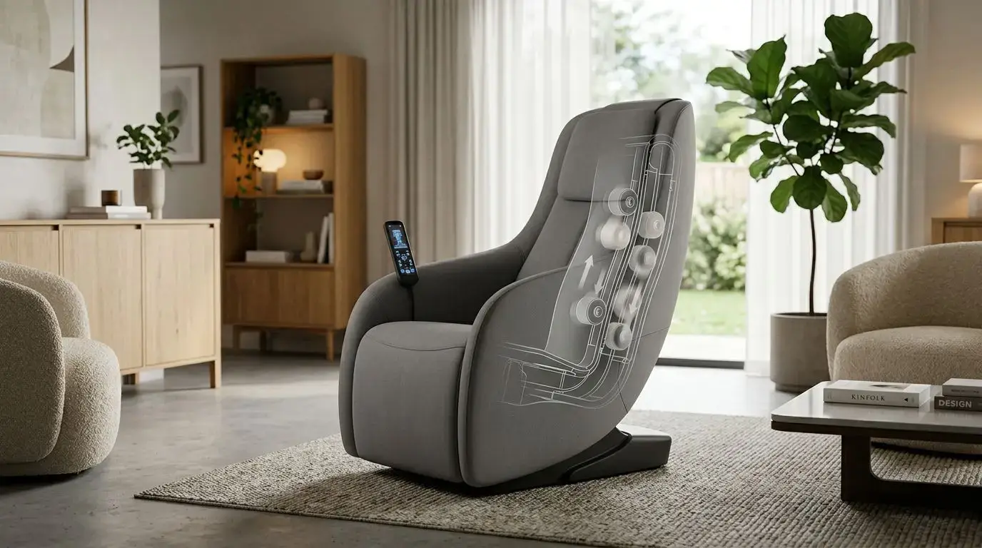 Generic massage chair with illustrated roller technology in a modern living room