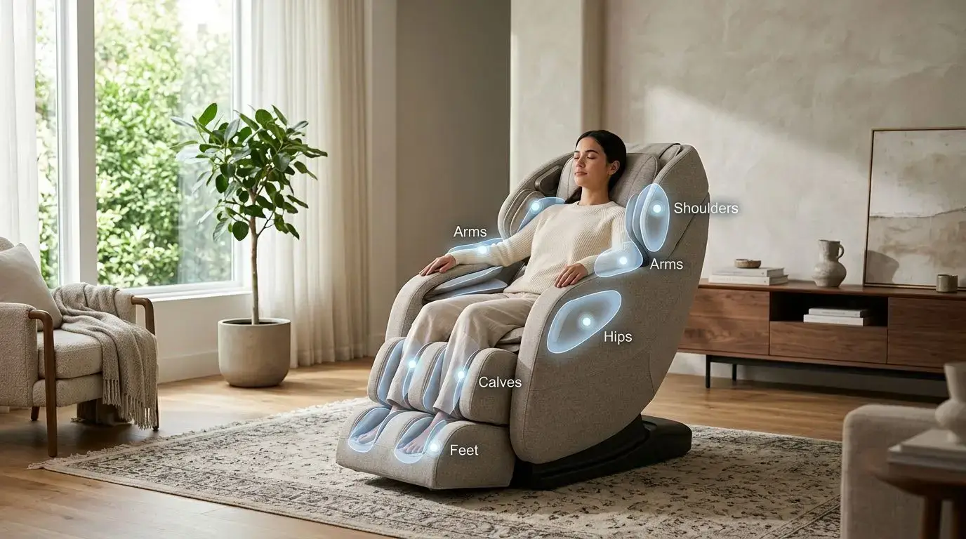 Generic massage chair showing air compression zones for shoulders, arms, hips, calves, and feet