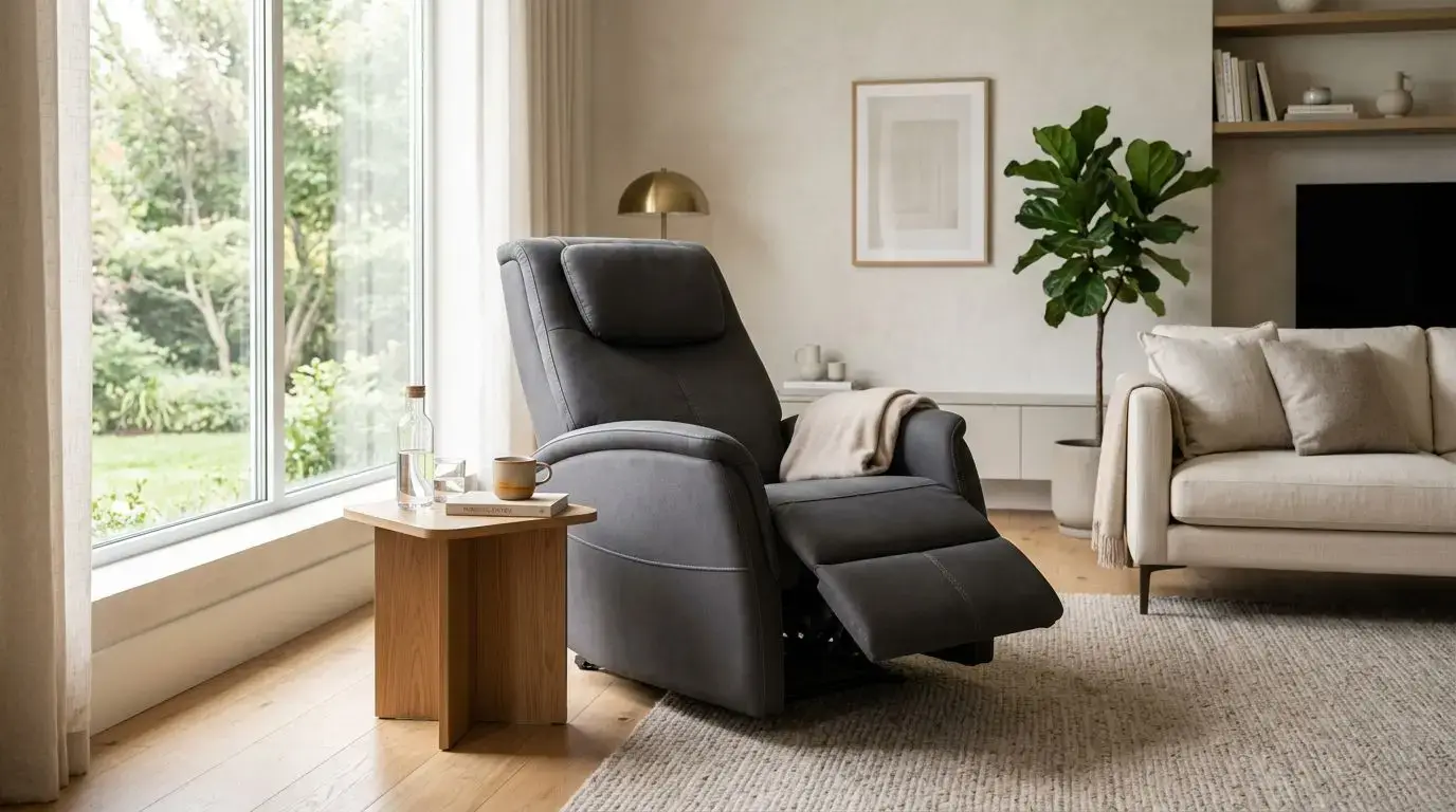 Generic massage chair in a modern living room used for safe home relaxation