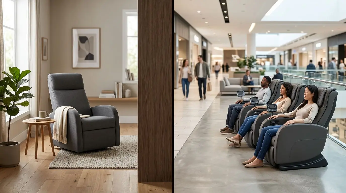 Comparison of an at-home massage chair and public massage chairs in a mall or gym setting