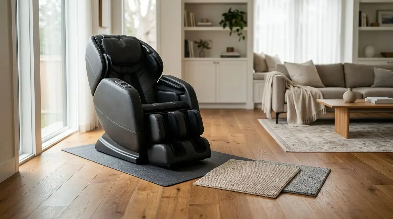 Massage chair on a protective mat over hardwood flooring in a modern living room