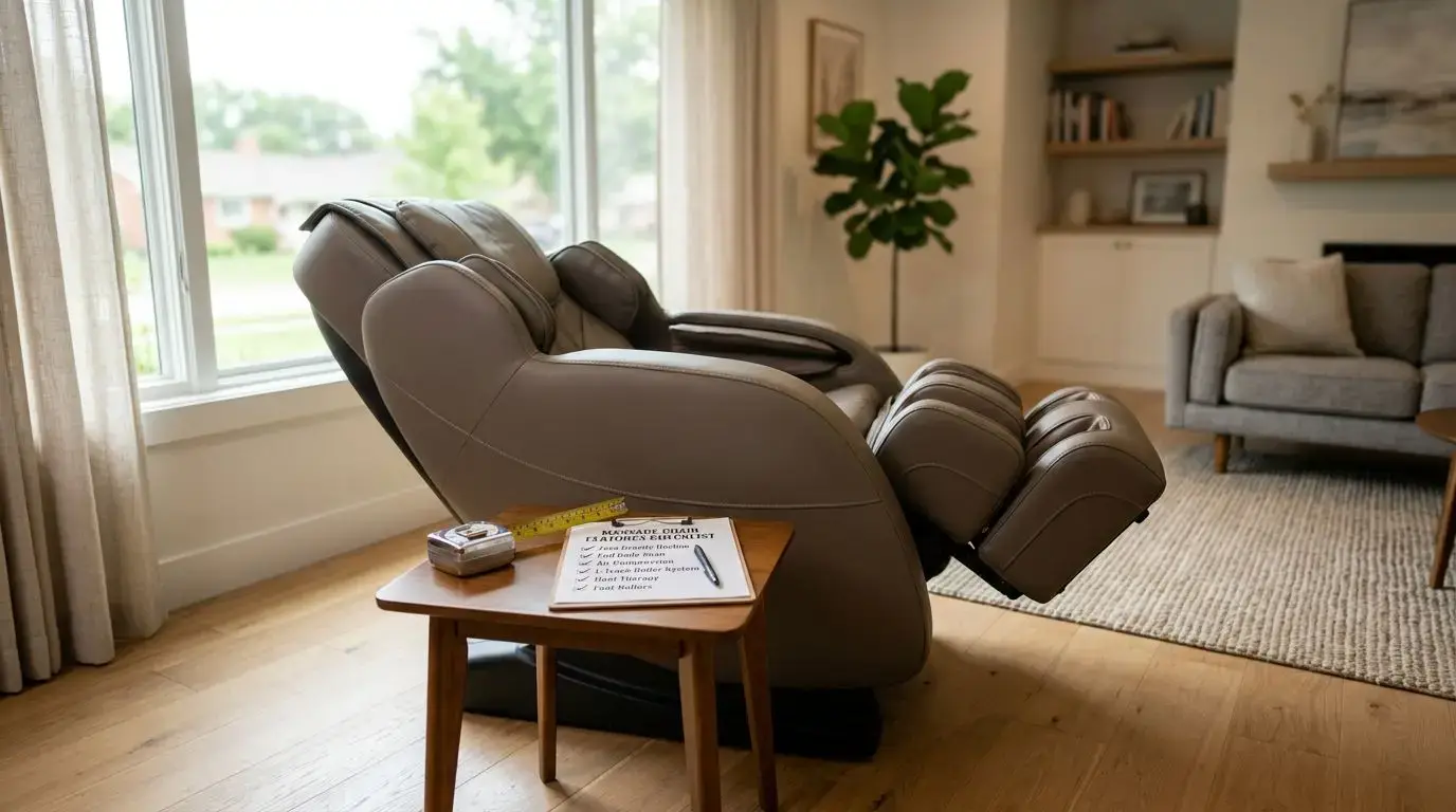 Generic massage chair in a living room with a checklist of features to compare before buying