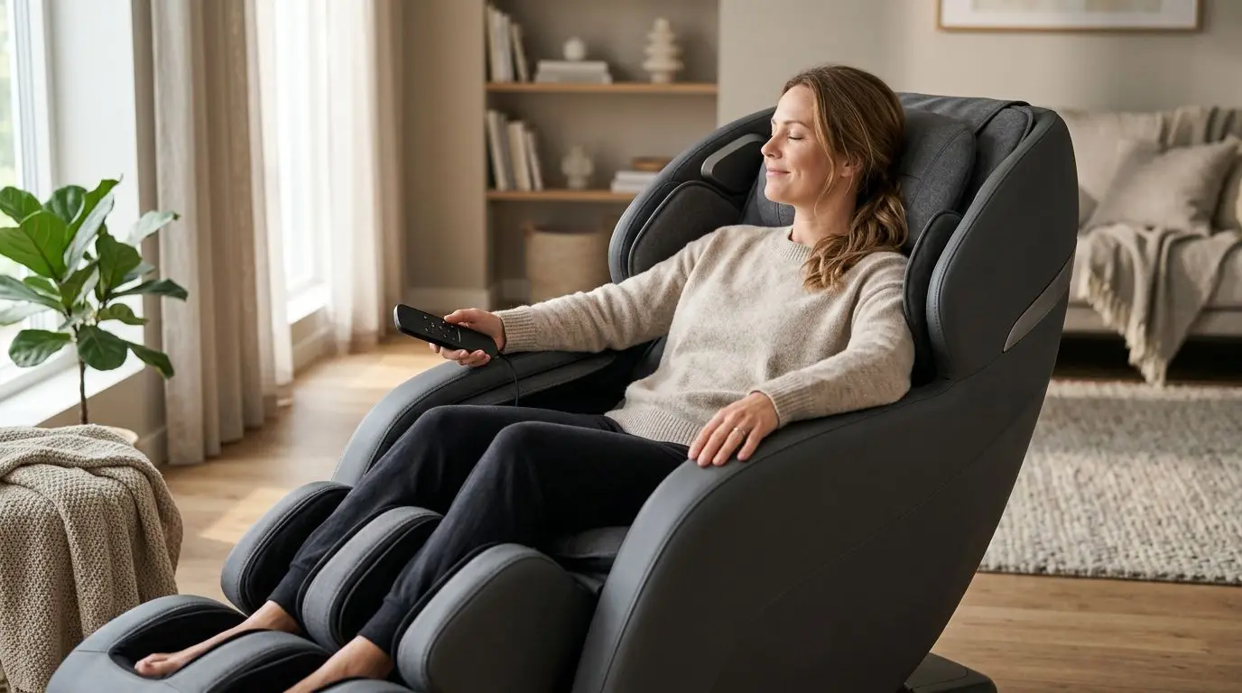 Beginner adjusting settings on a generic massage chair remote
