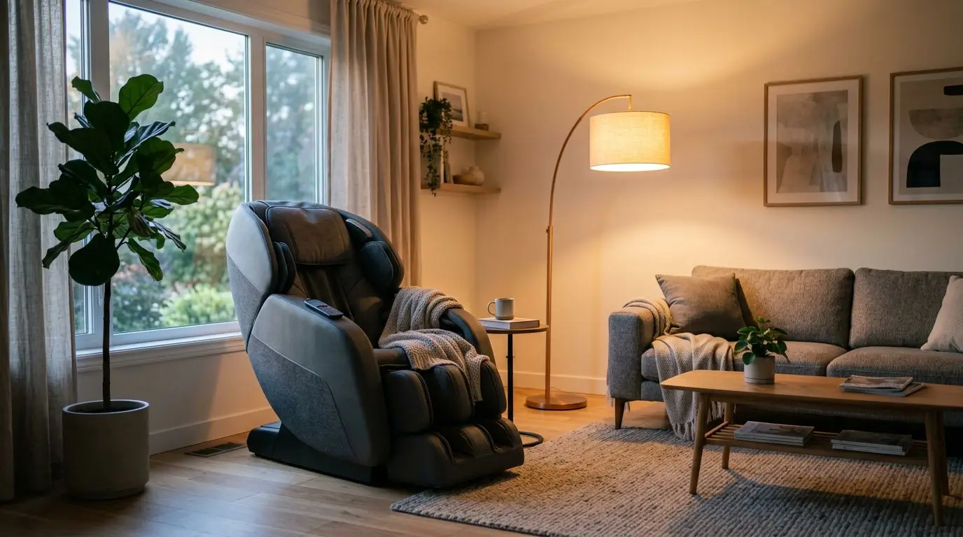 Generic massage chair in a calm living room set up for morning or evening use