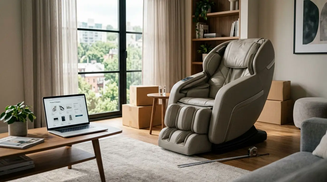 Massage chair in a living room with measuring tape, delivery boxes, and laptop for online shopping comparison
