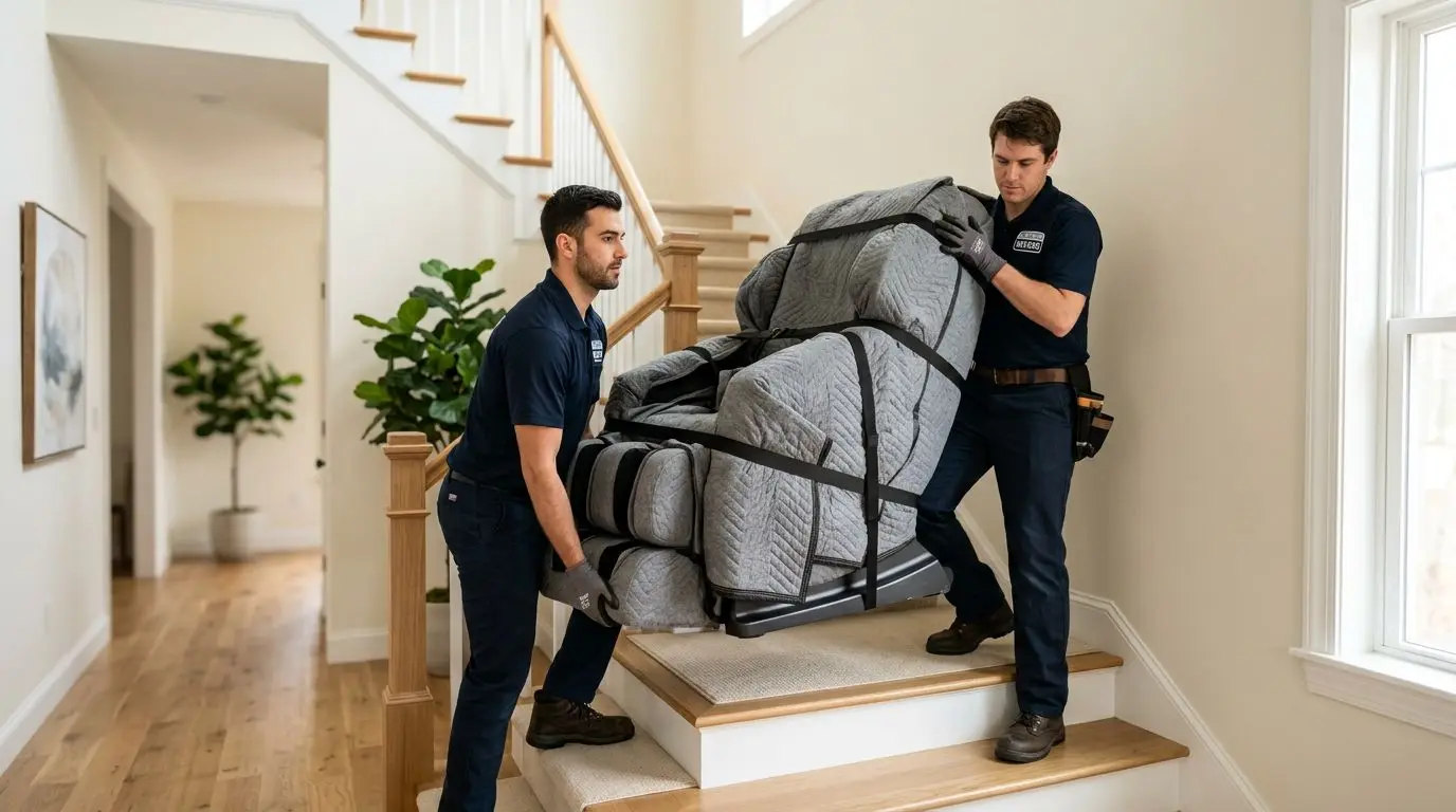 Movers carrying a generic massage chair up a residential staircase