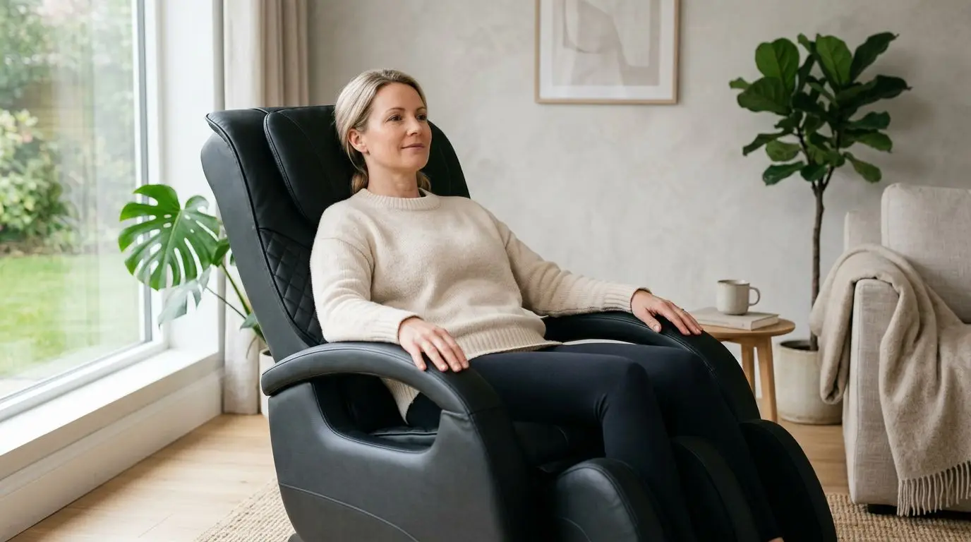Generic massage chair in a living room set up for lower-back comfort