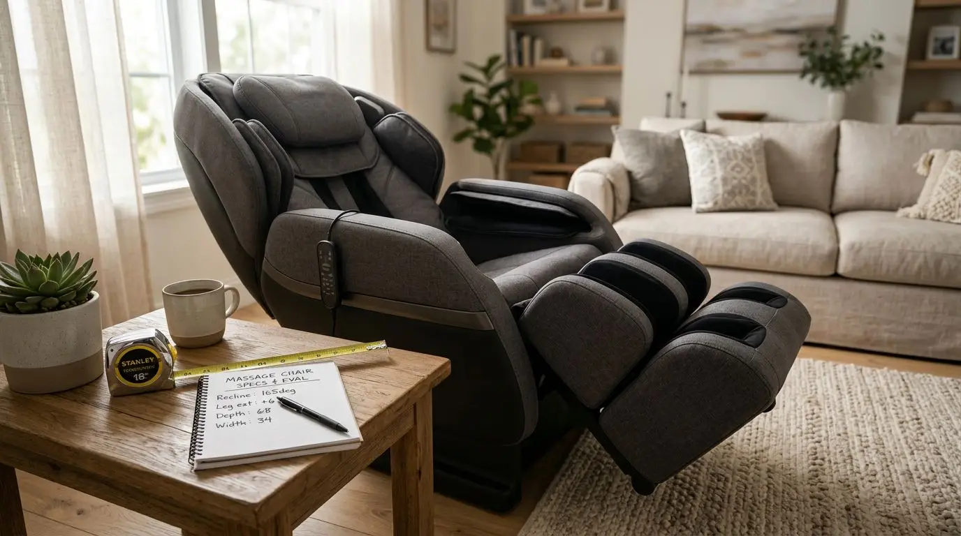 Generic massage chair in a home setting with a tape measure nearby