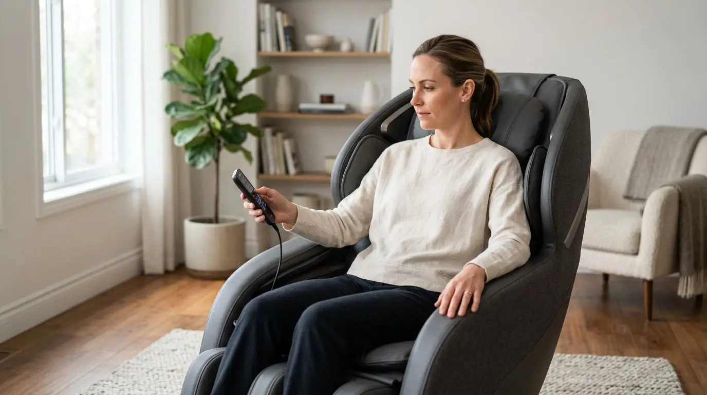Person adjusting settings on a generic massage chair in a living room