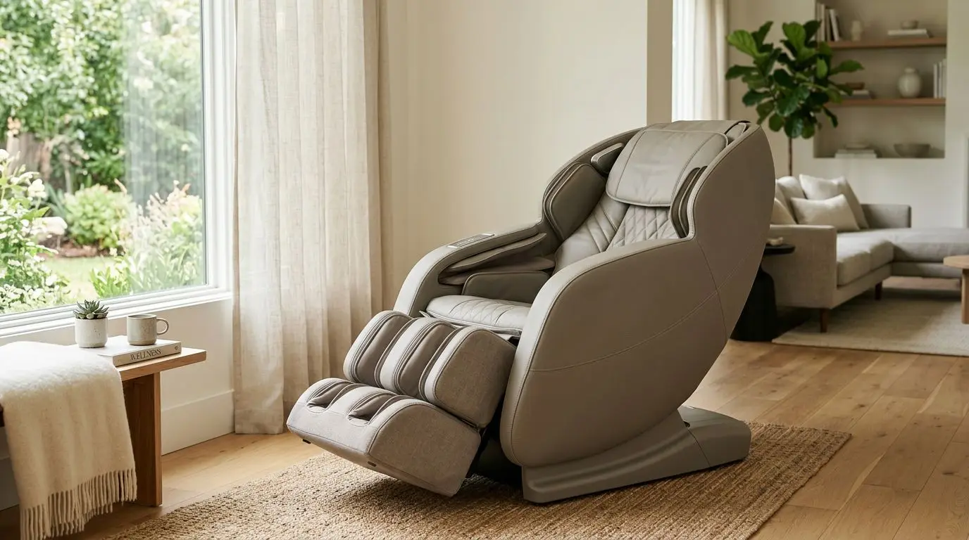 Modern massage chair with visible foot and calf compression area in a living room