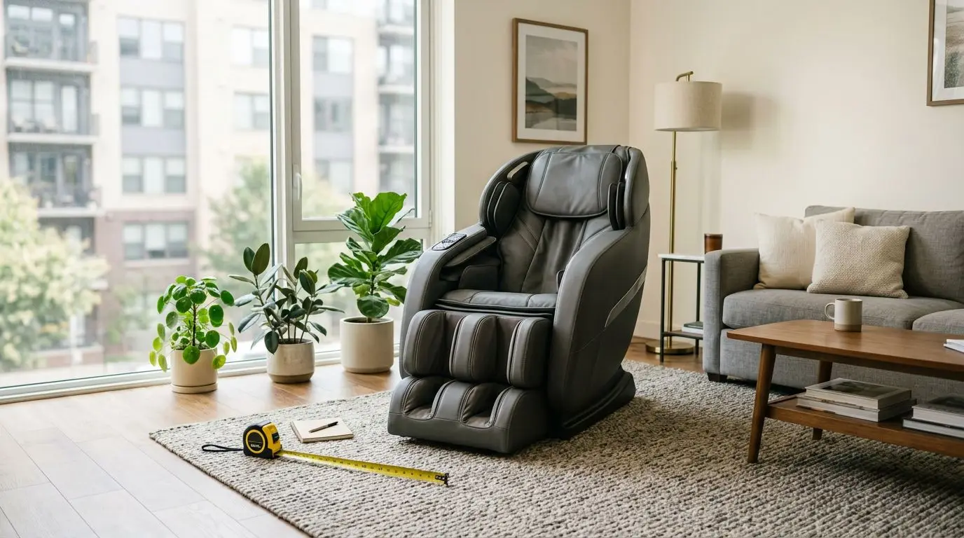 Generic massage chair in an apartment living room on a protective rug