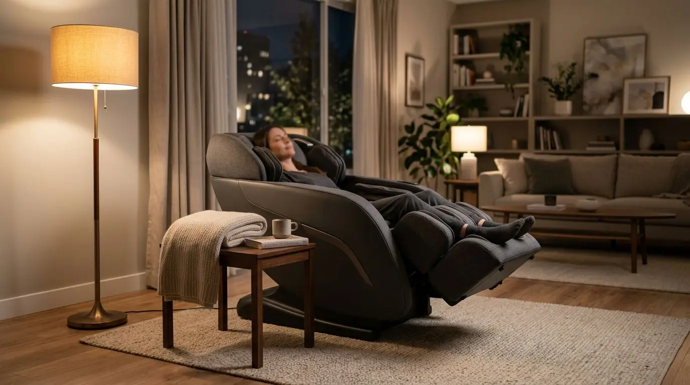 Generic massage chair reclined for a nap in a softly lit living room