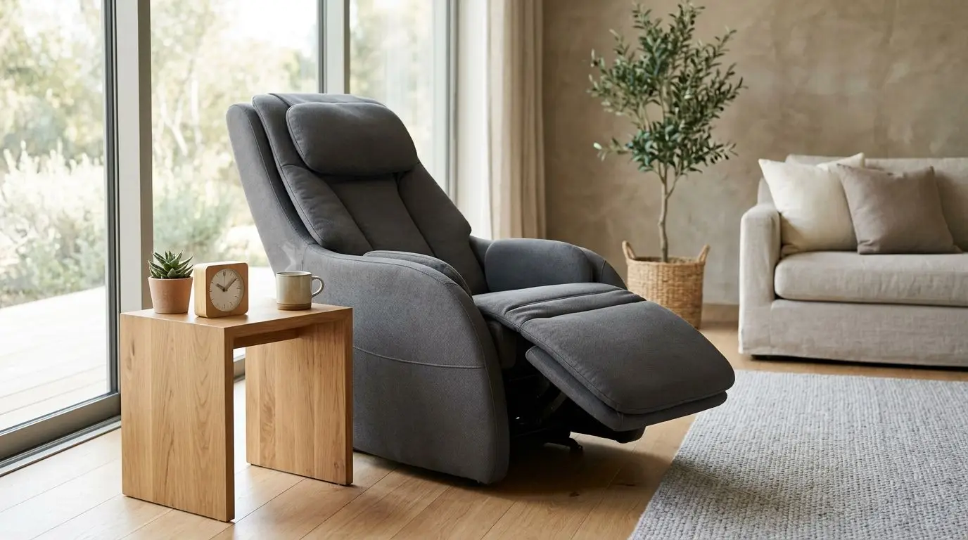 Generic massage chair in a living room with a timer nearby for safe daily use