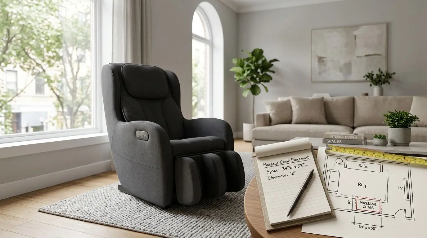 Compact budget massage chair in a living room with a tape measure and notes for buying decisions