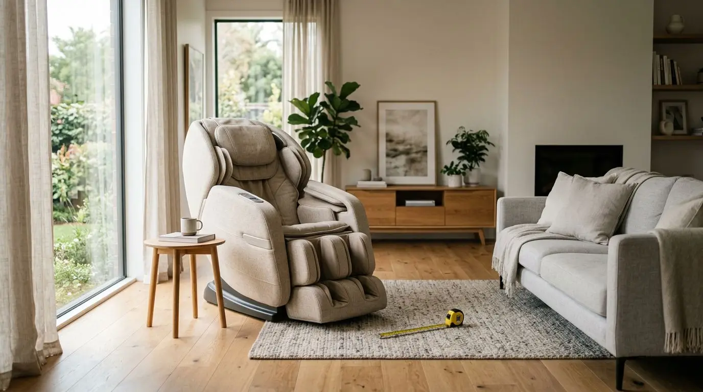 Neutral massage chair in a living room with a tape measure for planning home placement