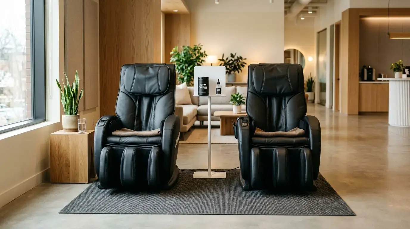 Commercial massage chairs in a clean shared gym recovery area