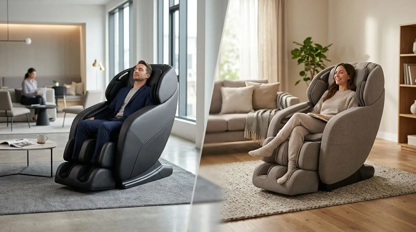 Commercial-style massage chair in a shared lounge contrasted with a home massage chair in a living room