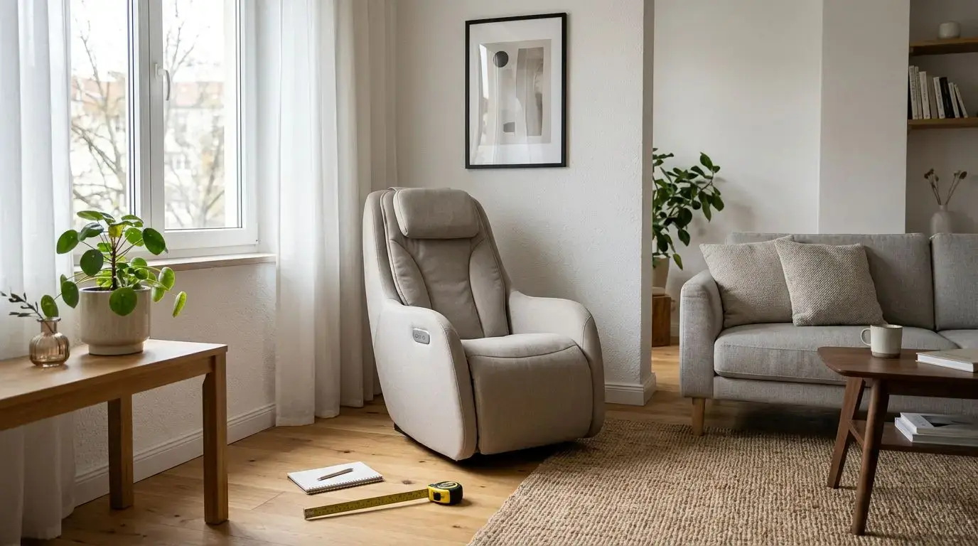 Compact massage chair in a small apartment living room with measuring tape on the floor