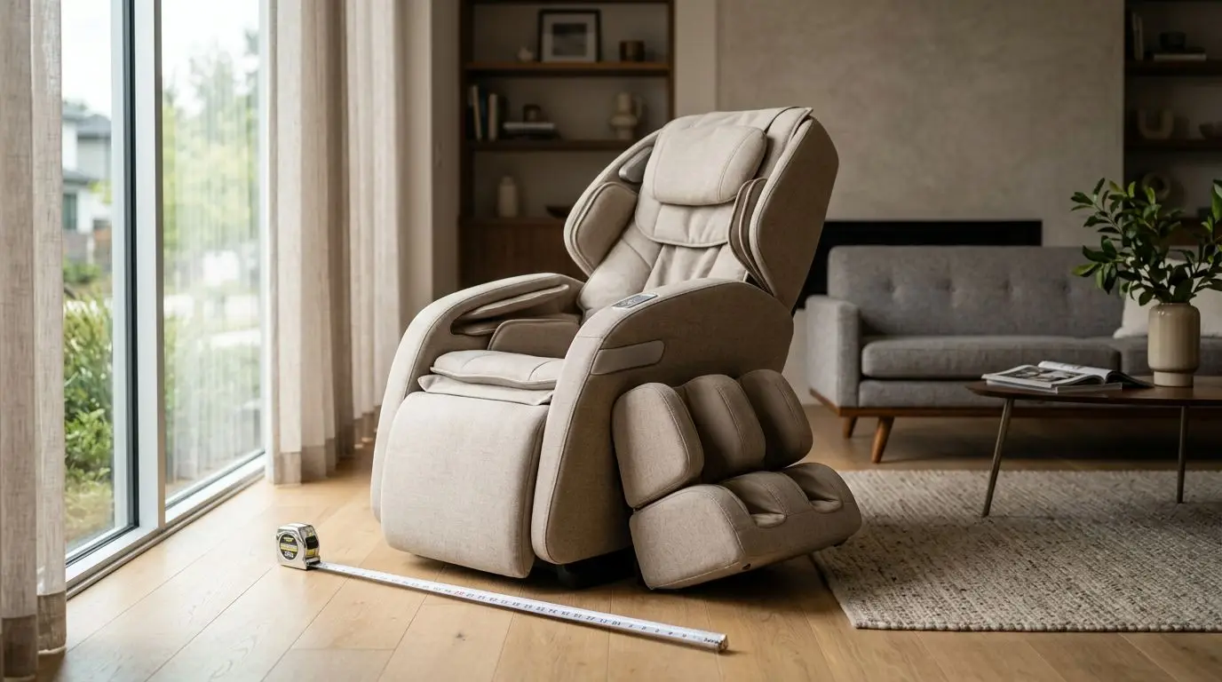 Generic massage chair in a living room with a tape measure for comparing features and fit