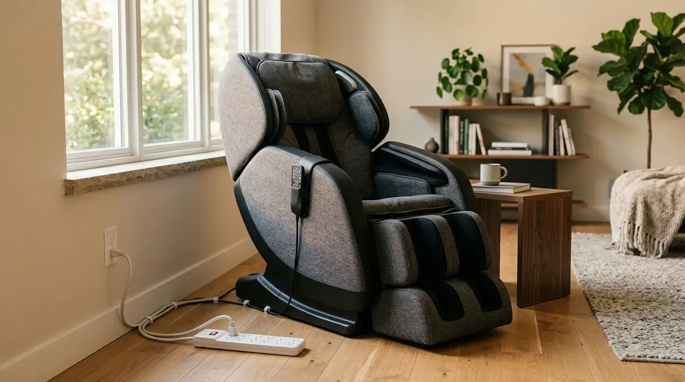 Massage chair plugged into a surge protector near a grounded wall outlet