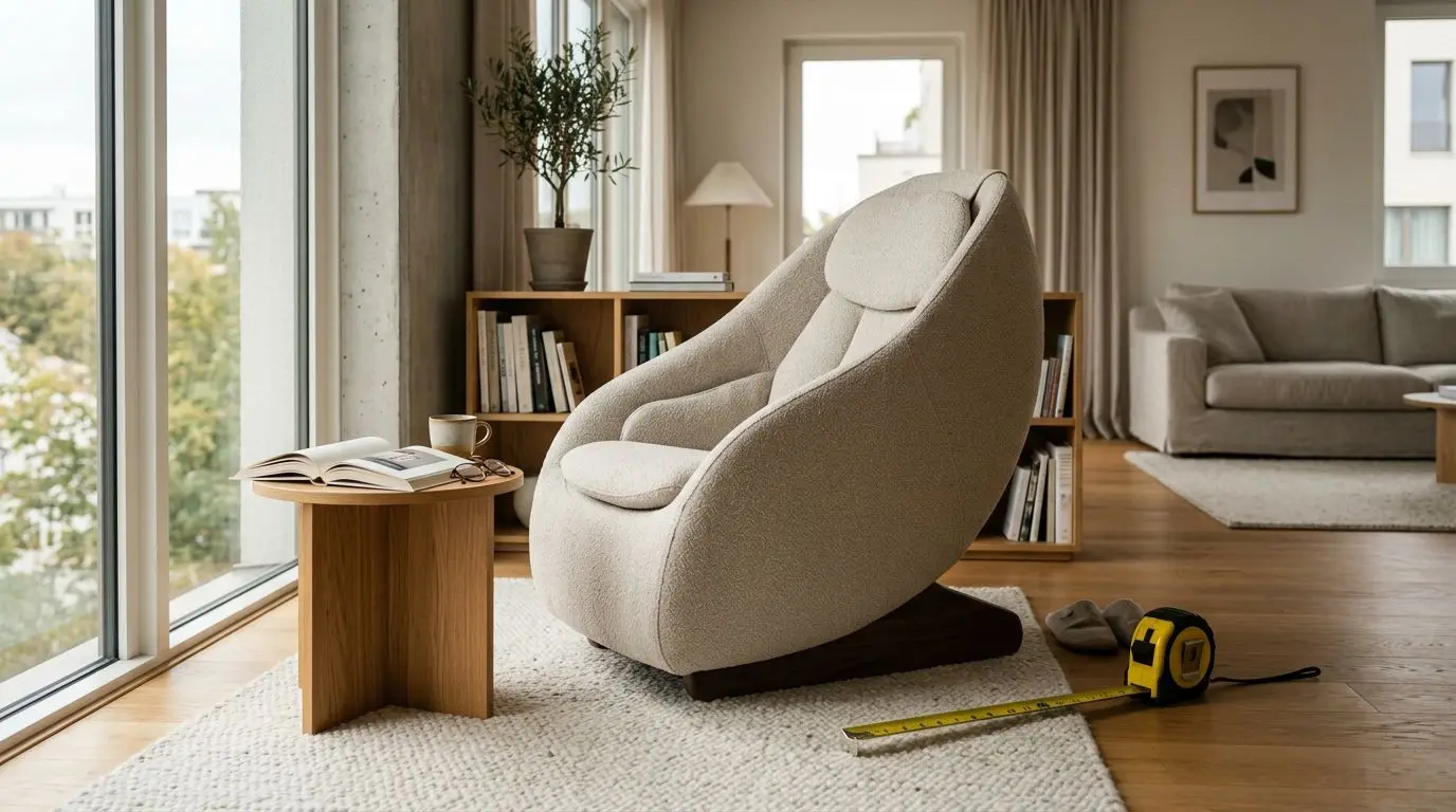 Egg-shaped cocoon massage chair in a modern living room with a tape measure on the floor