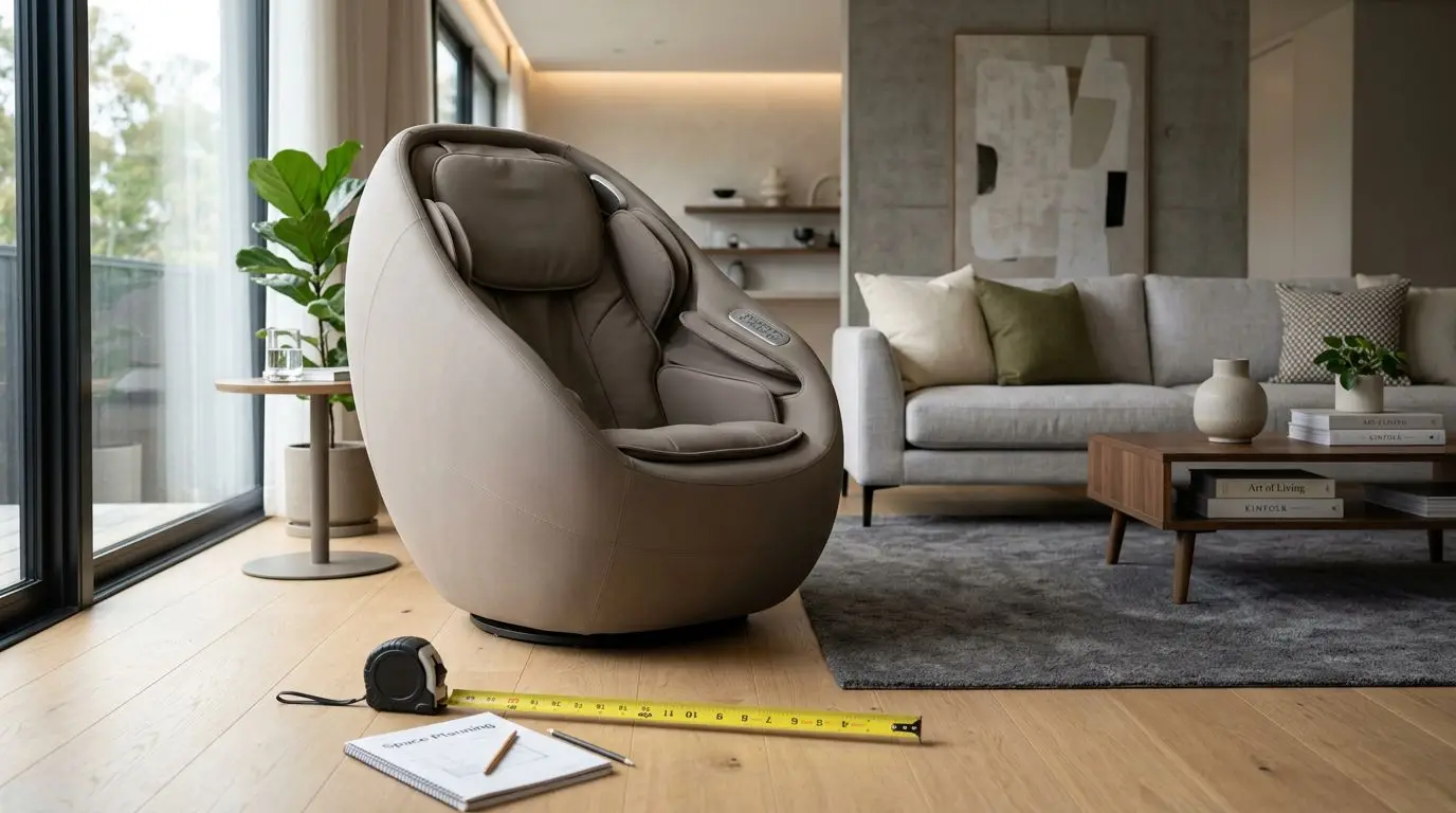 Generic egg-shaped massage chair in a modern living room with a tape measure on the floor
