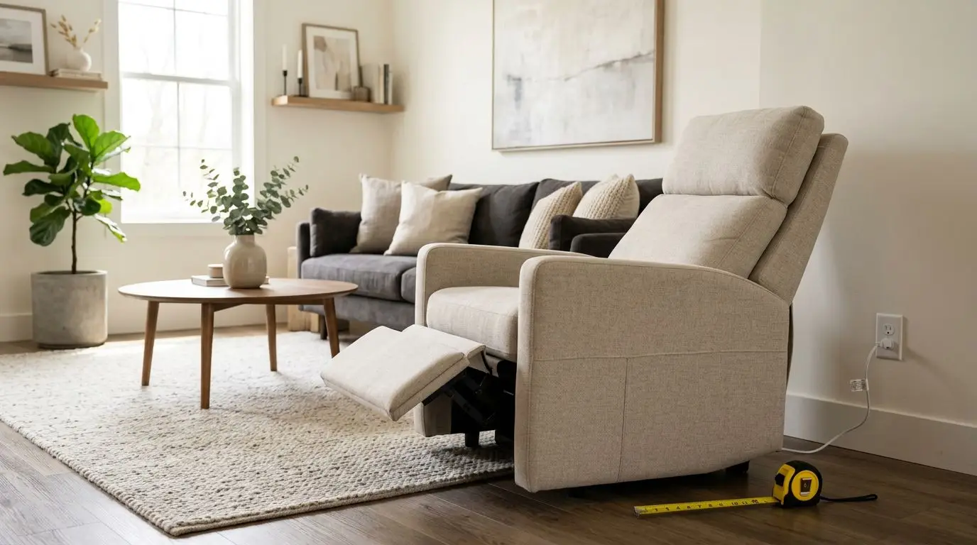 Electric massage chair in a living room with a tape measure and wall outlet nearby