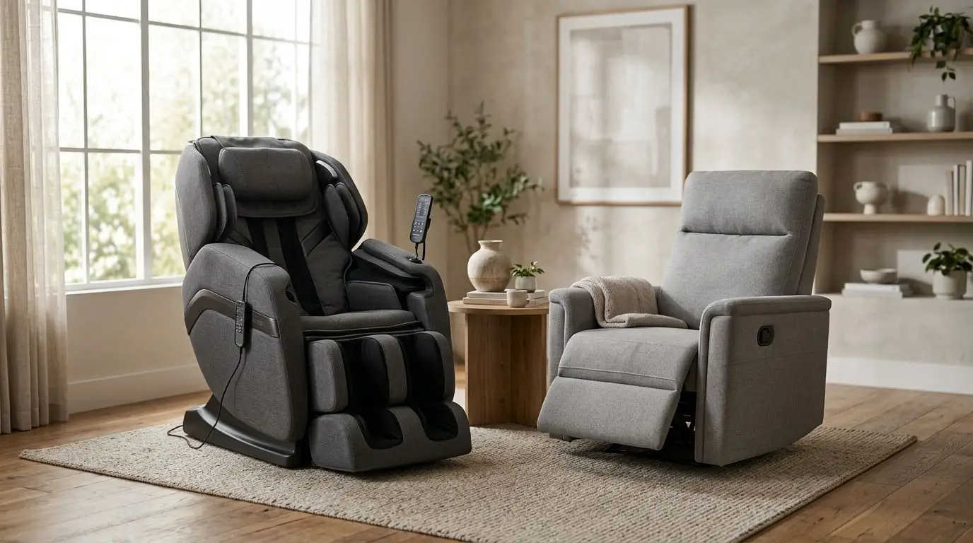 Electric massage chair beside a manual massage recliner in a living room