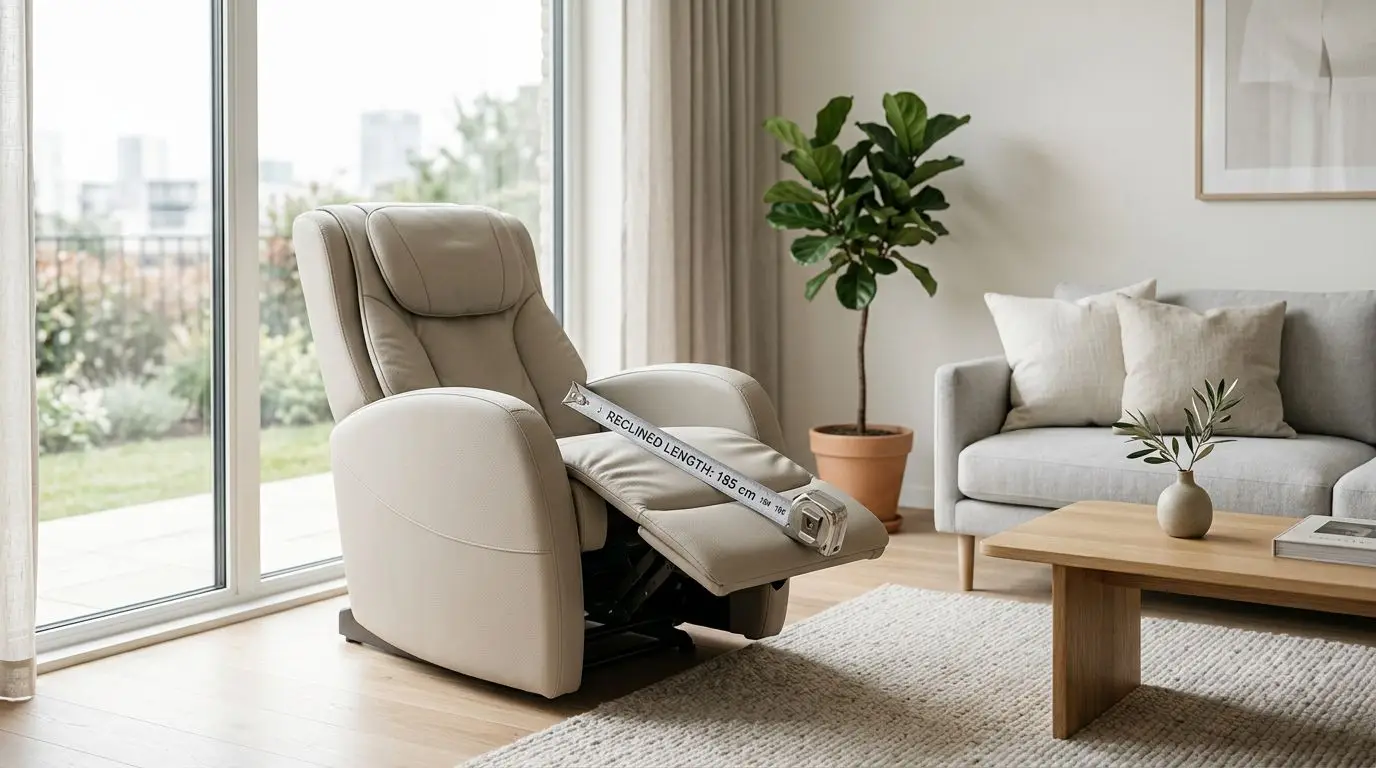 Neutral massage chair with a measuring tape on the seat in a modern living room