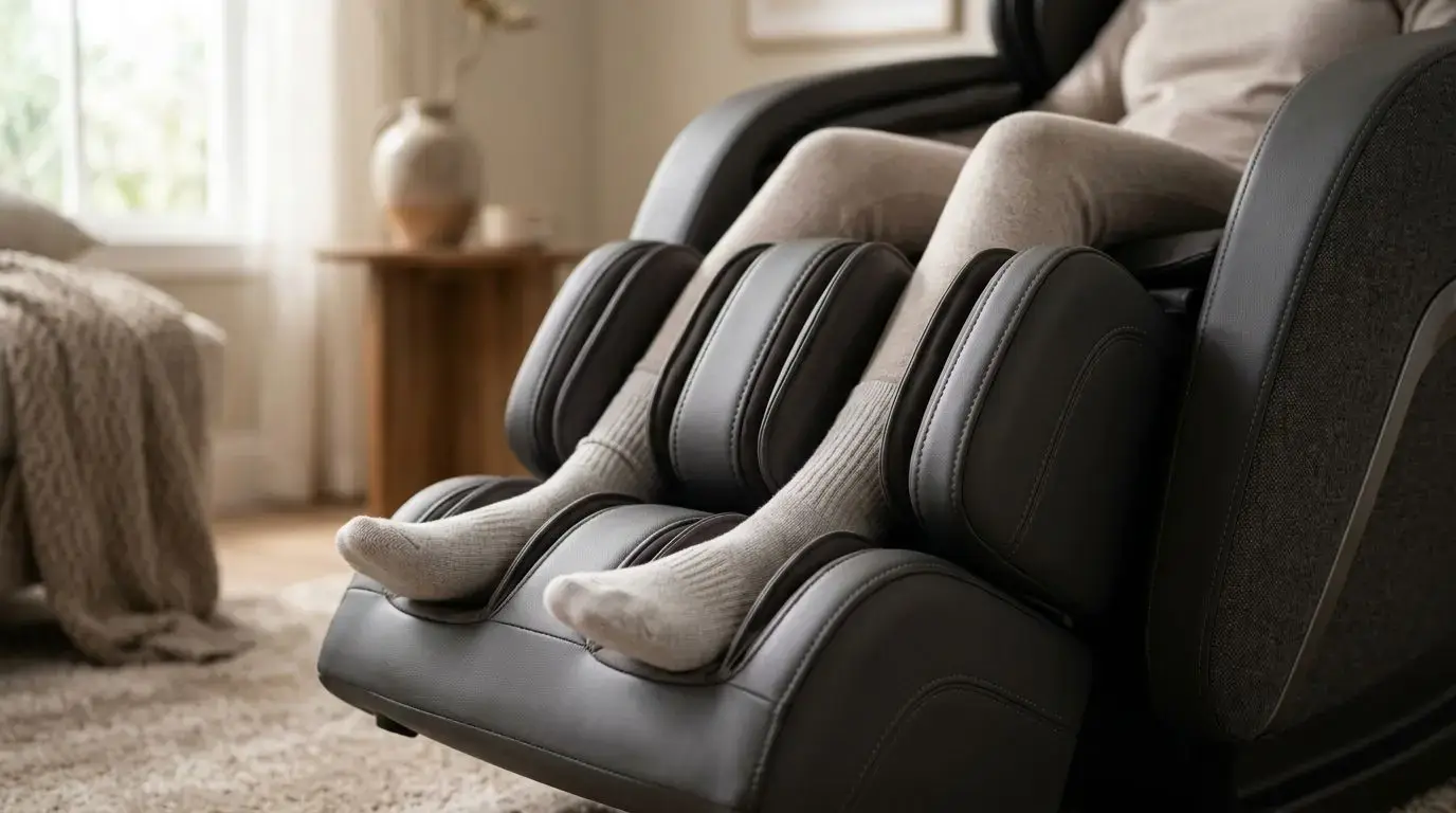 Generic massage chair foot and calf massage area with user resting legs in the footwell