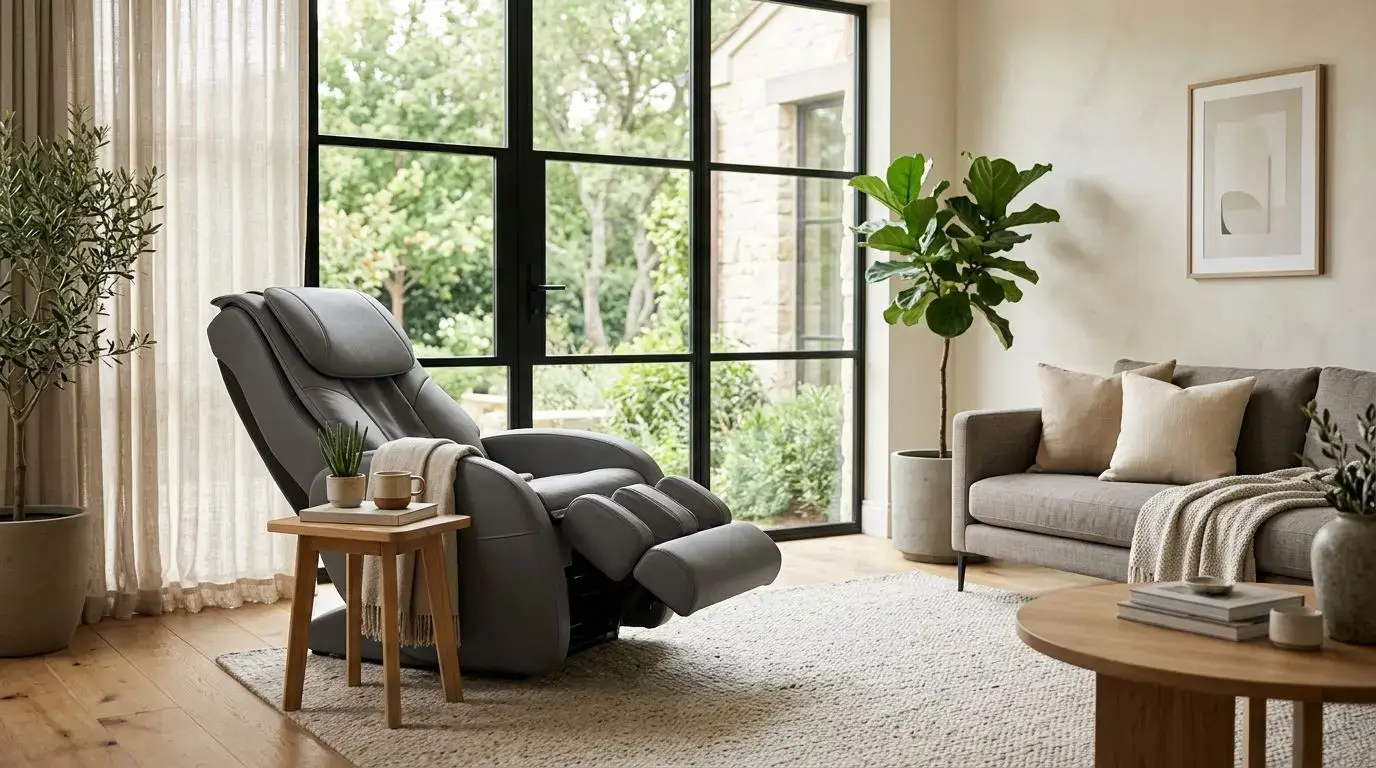 Generic full-body massage chair in a calm modern living room
