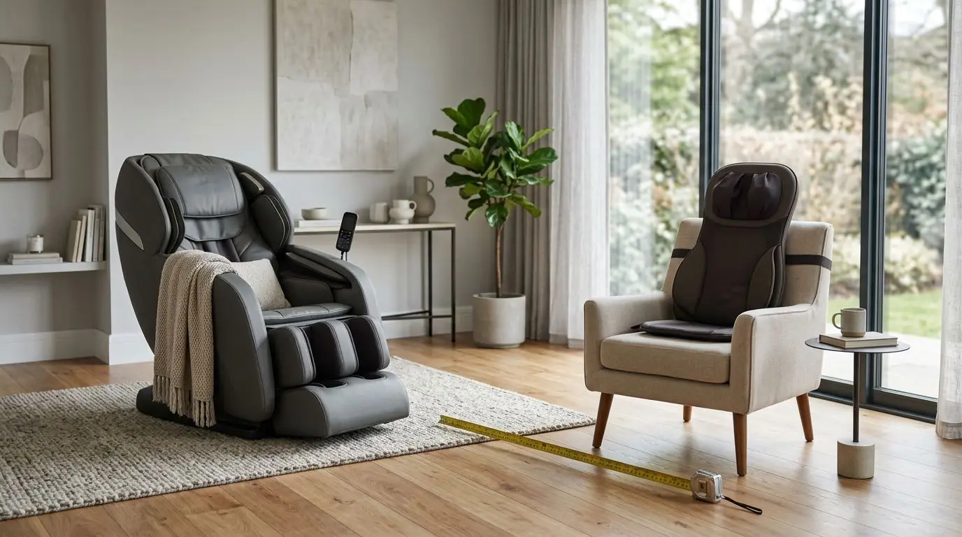 Full-size massage chair beside a portable massage pad on an armchair in a living room
