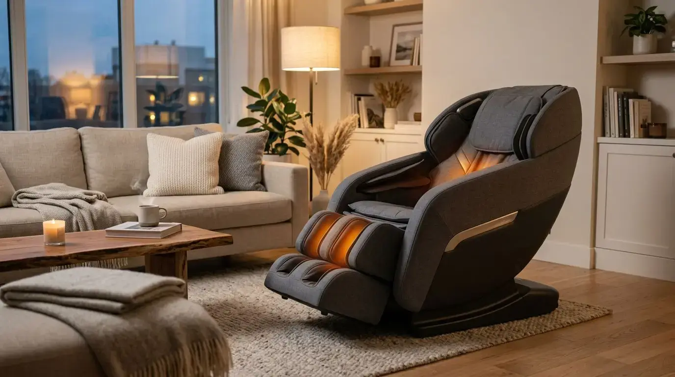 Generic massage chair showing warm lumbar and calf heat zones in a living room
