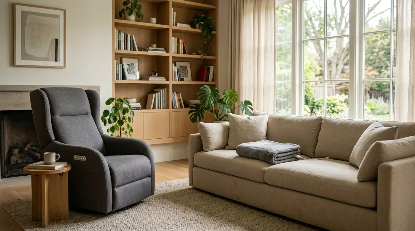 Heated massage chair beside a heating pad in a modern living room