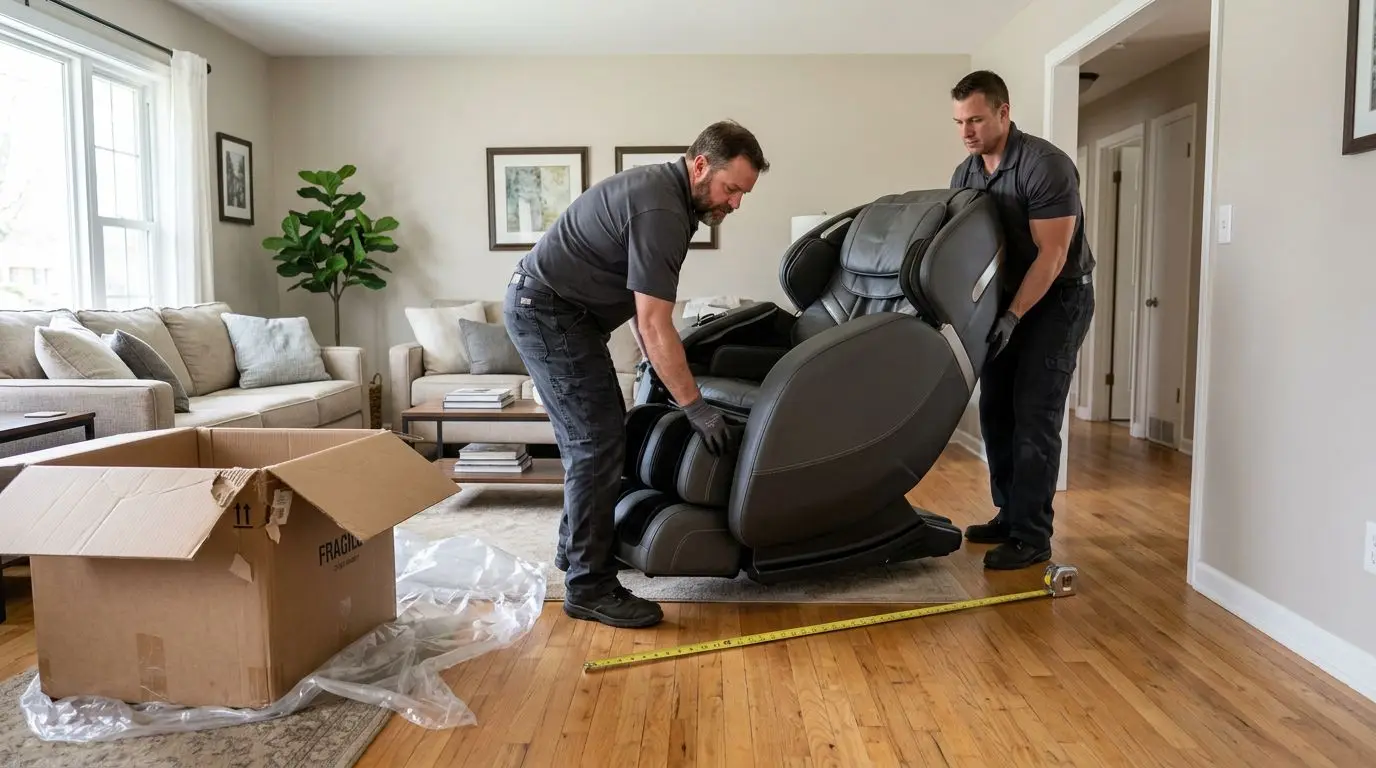 Two movers bringing a large massage chair into a living room while measuring the doorway and floor space