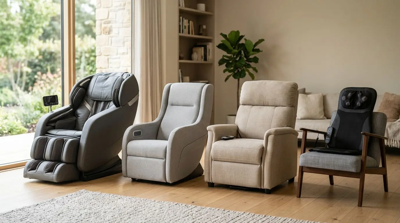 Four generic home massage chair types shown in a modern living room