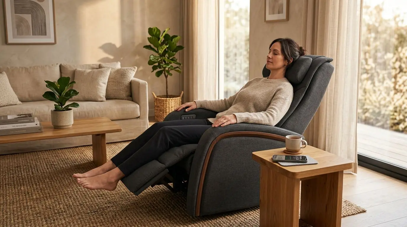Person using a generic massage chair with a timer nearby