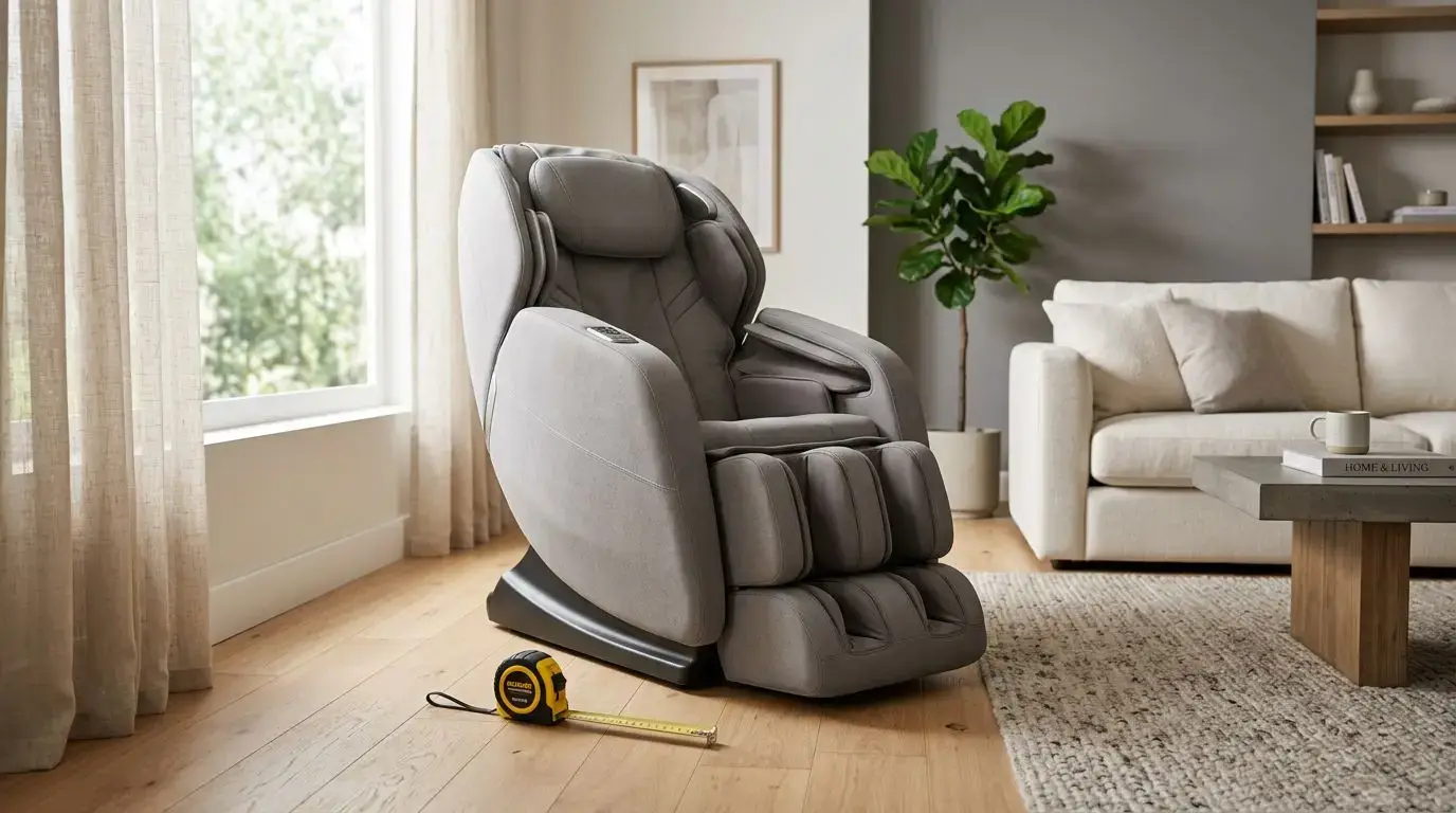 Generic massage chair in a living room with a tape measure for cost and fit planning