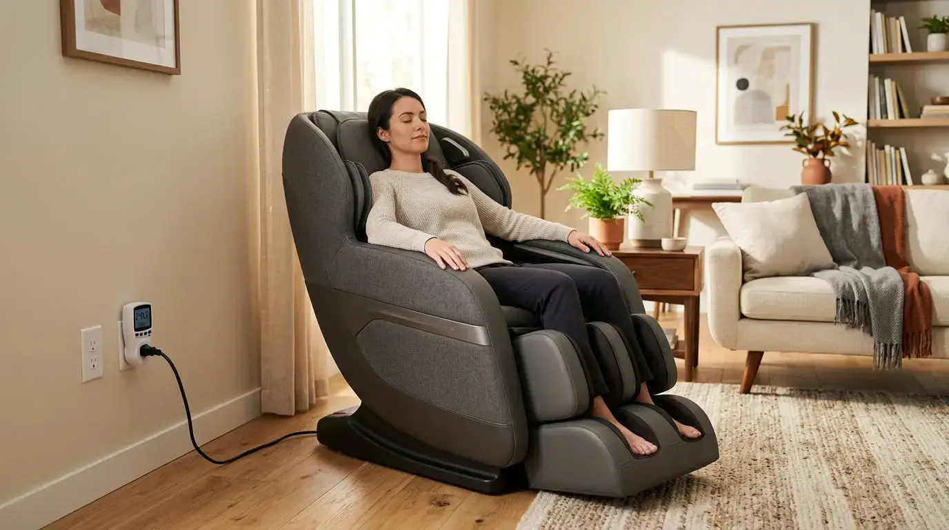 Generic massage chair plugged into a wall outlet with an electricity meter showing power use