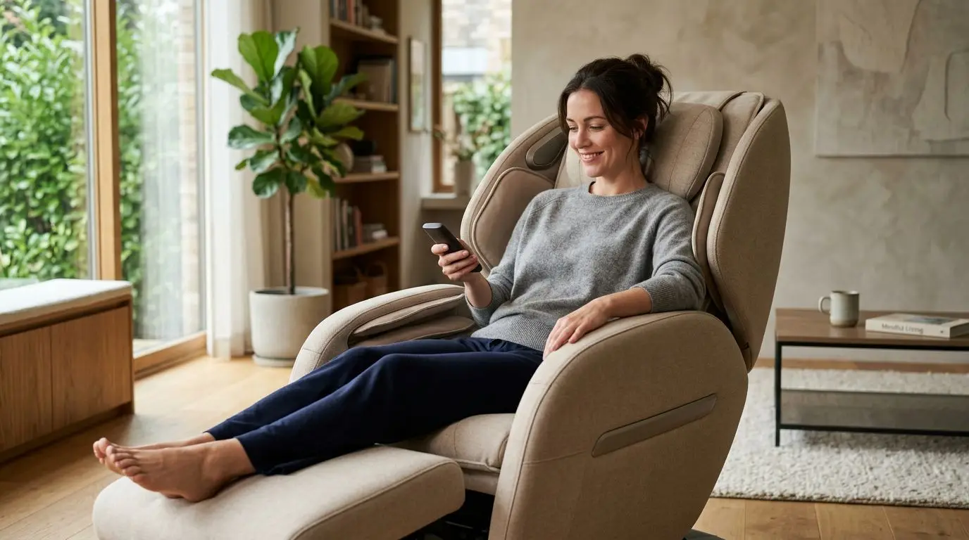 Person using an unbranded massage chair at home in a bright living room