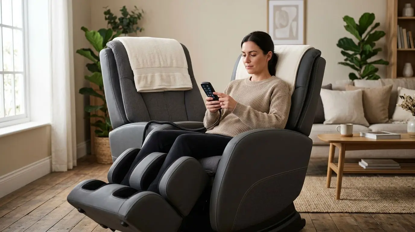 Person adjusting the intensity settings on a generic massage chair remote