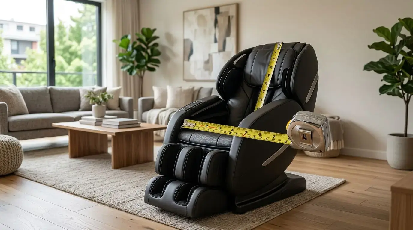 Generic massage chair with a tape measure on the seat for checking body fit