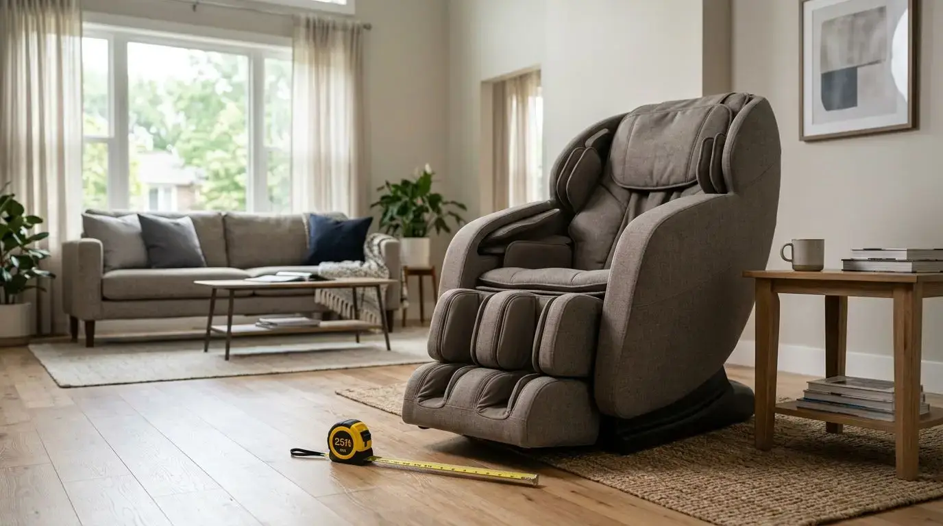 Generic massage chair in a living room with a tape measure for home fit planning
