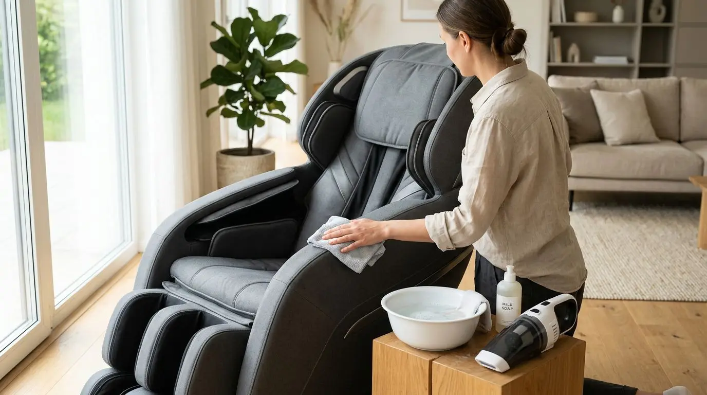 A person cleaning a massage chair with a microfiber cloth and hand vacuum