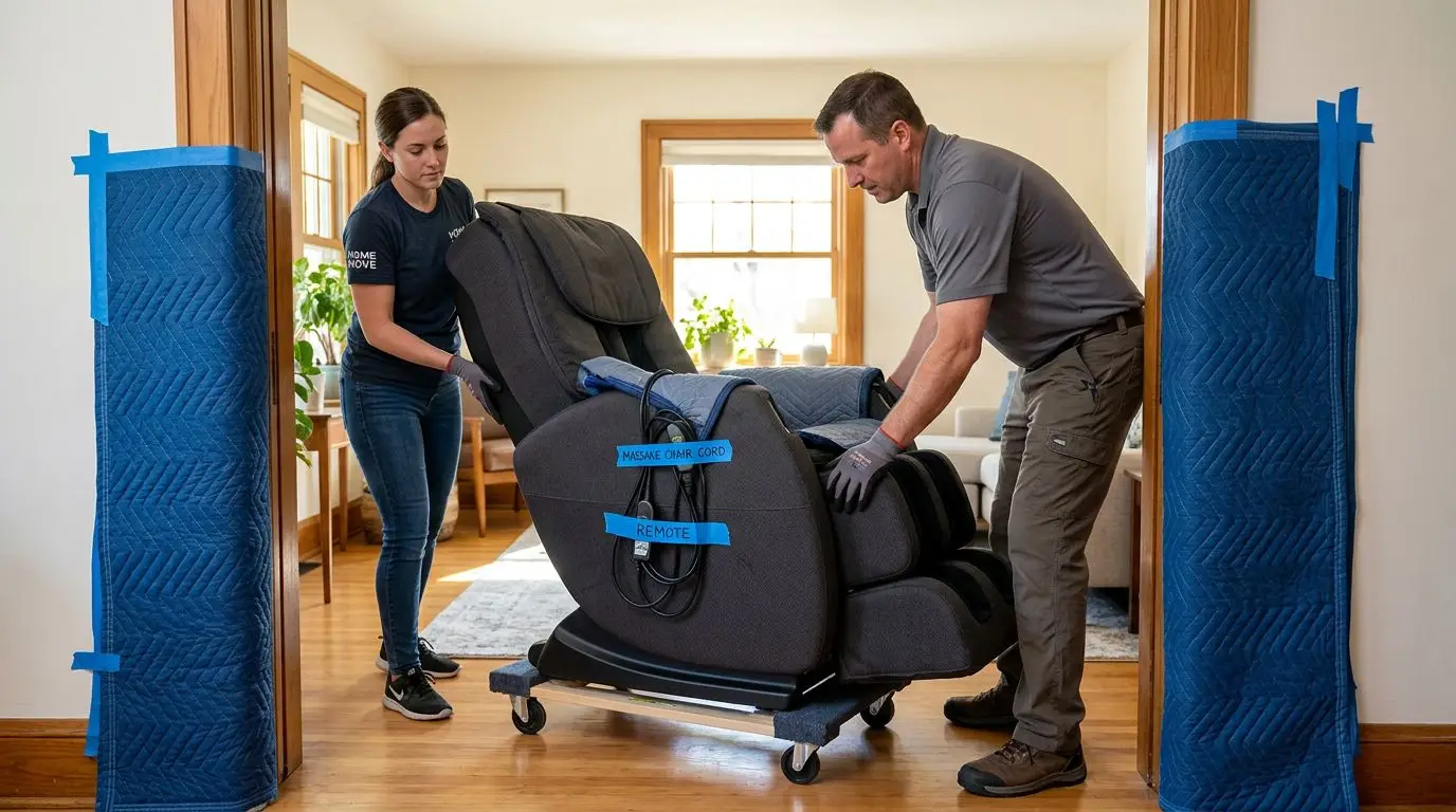 Two people carefully moving a generic massage chair through a protected doorway