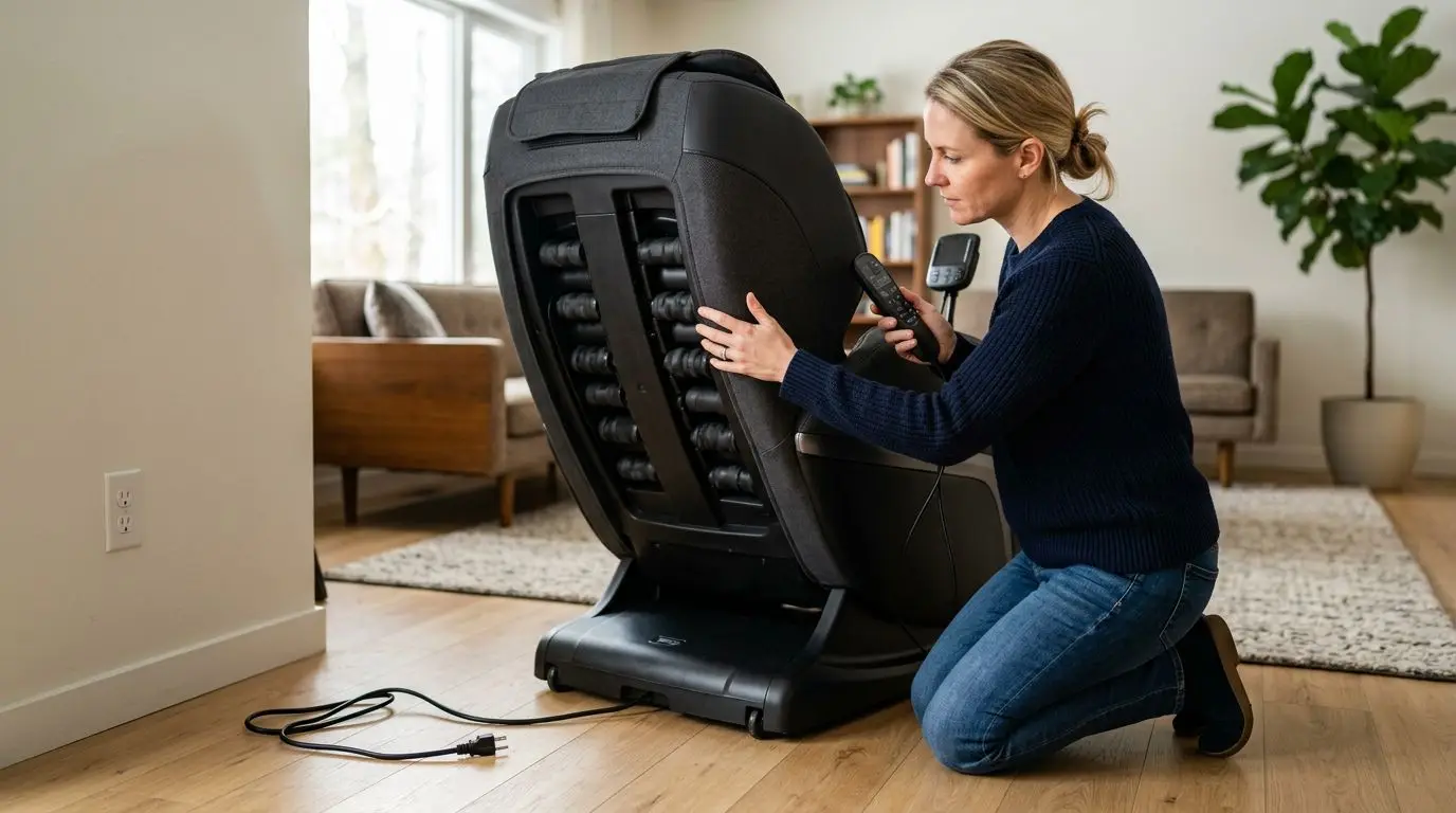 Owner safely resetting a generic massage chair near a wall outlet
