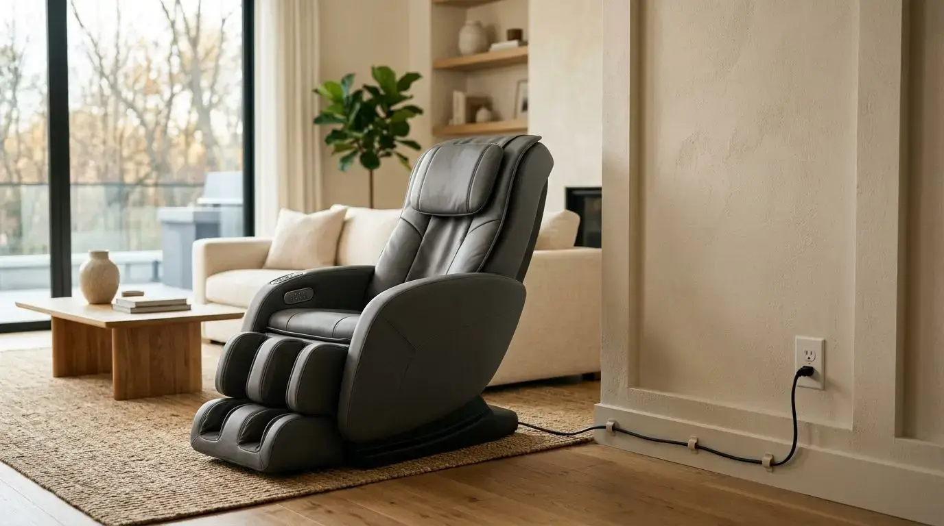 Generic massage chair safely placed near a grounded outlet with a neatly managed power cord