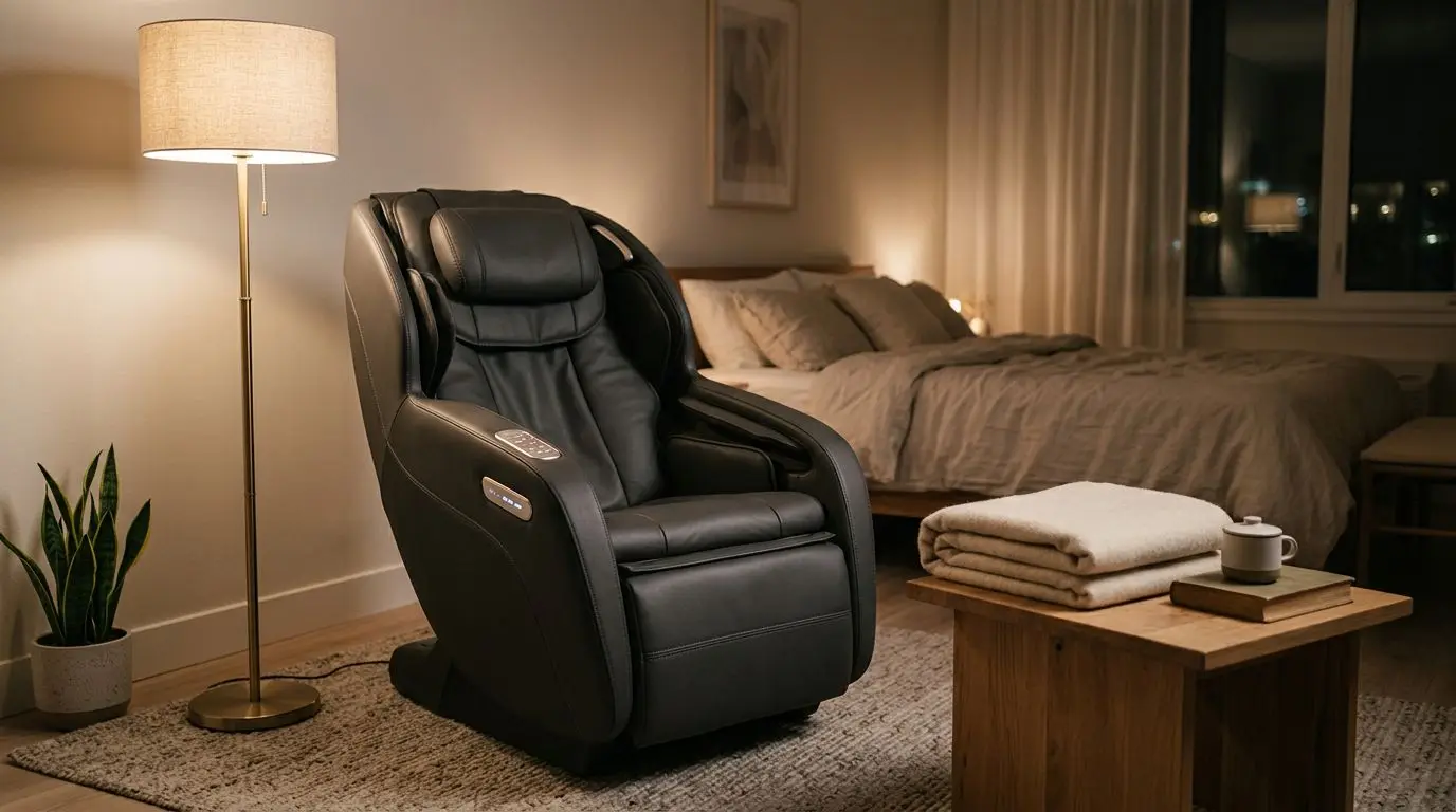 Generic massage chair in a softly lit room prepared for a short bedtime routine