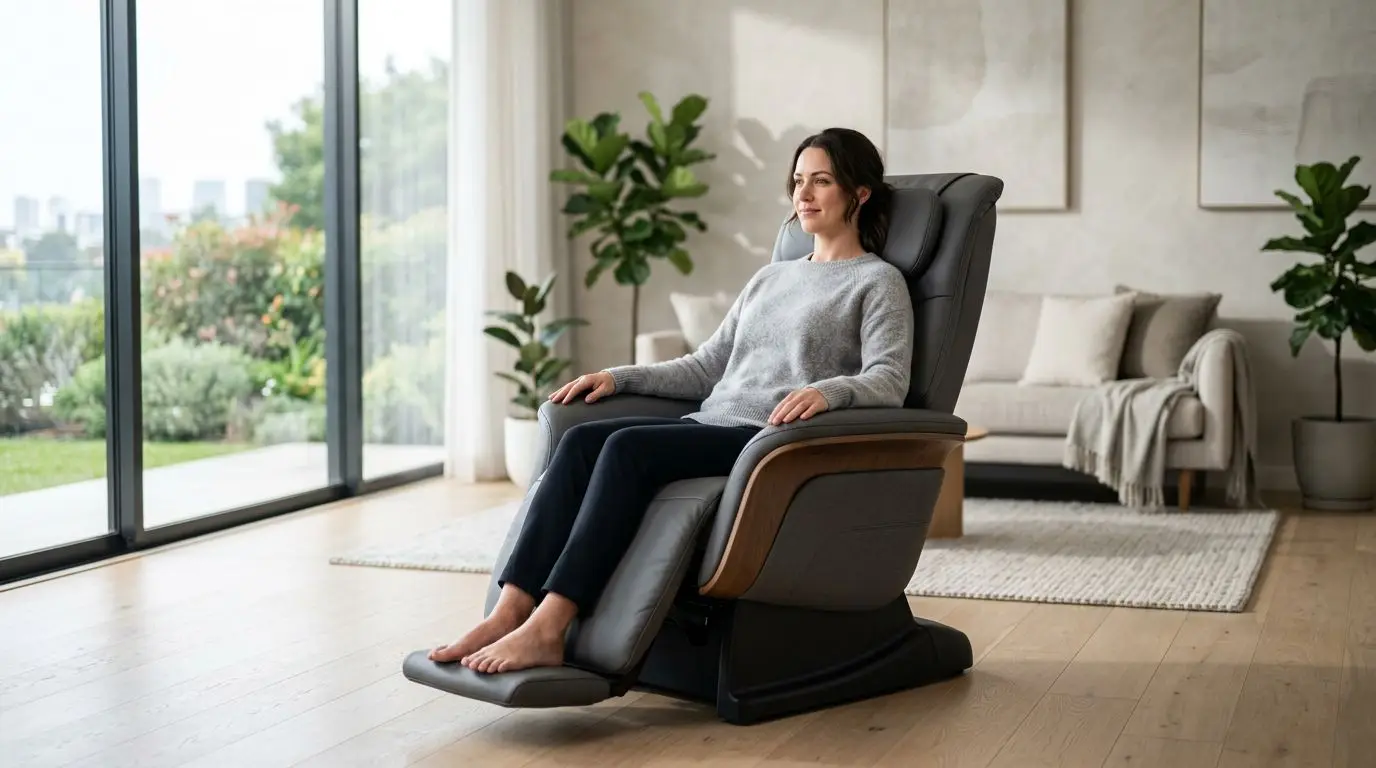 Person using a generic massage chair in a moderate recline for lower back comfort