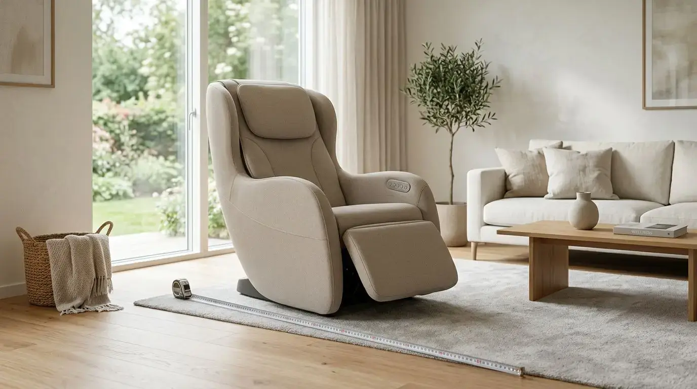 Generic massage chair in a modern living room with a measuring tape on the floor